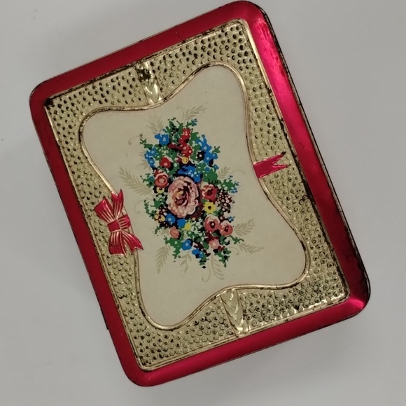 Made in Holland metal hinged tin can floral ornate embossed pink trim vintage - Picture 2 of 12